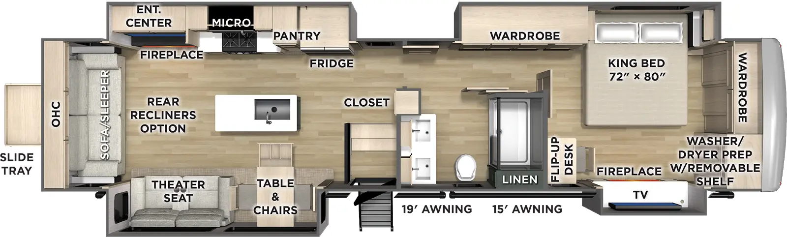 The River Ranch 393RL floorplan has one entry and four slide outs. Exterior features include: fiberglass exterior and 19' & 15' awning. Interiors features include: kitchen island, free-standing dinette option, front bedroom and rear living.